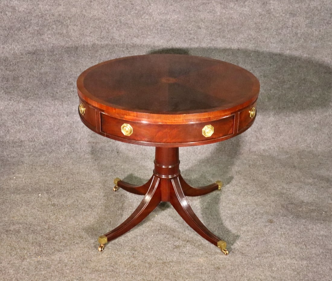 HICKORY CENTER TABLE: One drawer. Brass accents. Banded. Inlaid. 27" h x 30" diameter.