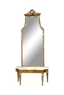 LOUIS XVI STYLE GILDED MARBLE TOP CONSOLE & MIRROR: Gilt wood frame. Marble top. Mirror measure 64" h x 26" w x 3" d. Console measures 18 1/4" h x 36" w x 12 1/8" d.