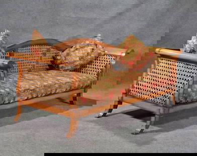 SIGNED RALPH LAUREN CANE SOFA: Walnut. Cane back seats and sides. Upholstered cushion. Signed. 38 3/8" h x 96 1/4" w x 38 7/8" d. Seat height 17 3/4" (with cushion).
