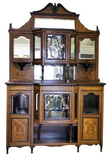 19TH C ENGLISH ROSEWOOD EDWARDIAN ETAGERE: Rosewood. Inlaid. Top has 1 beveled glass door and shelves. Beveled glass back. Bottom has 3 beveled glass doors. 2 side doors contain 1 shelf each. NO KEY. 93 1/2" h x 60" w x 18 3/4" d.