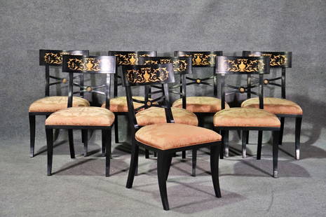 8 BAKER EBONIZED DINING CHAIRS: Ebonized frames. Painted. Upholstered seats. 35 1/2" h x 20" w x 23 3/4" d. Seat height 18 1/2".