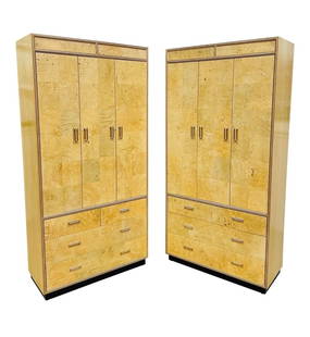 2 POST MODERN HENREDON SCENE TWO BURLED WOOD ARMOIRES: Burled wood. 2 double doors containing 3 shelves. 4 drawers. 82" h x 40" w x 18" d.