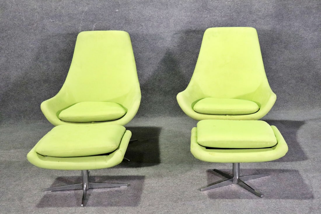 PAIR MID CENTURY MODERN SWIVEL LOUNGE CHAIRS & OTTOMANS (1 of 9)