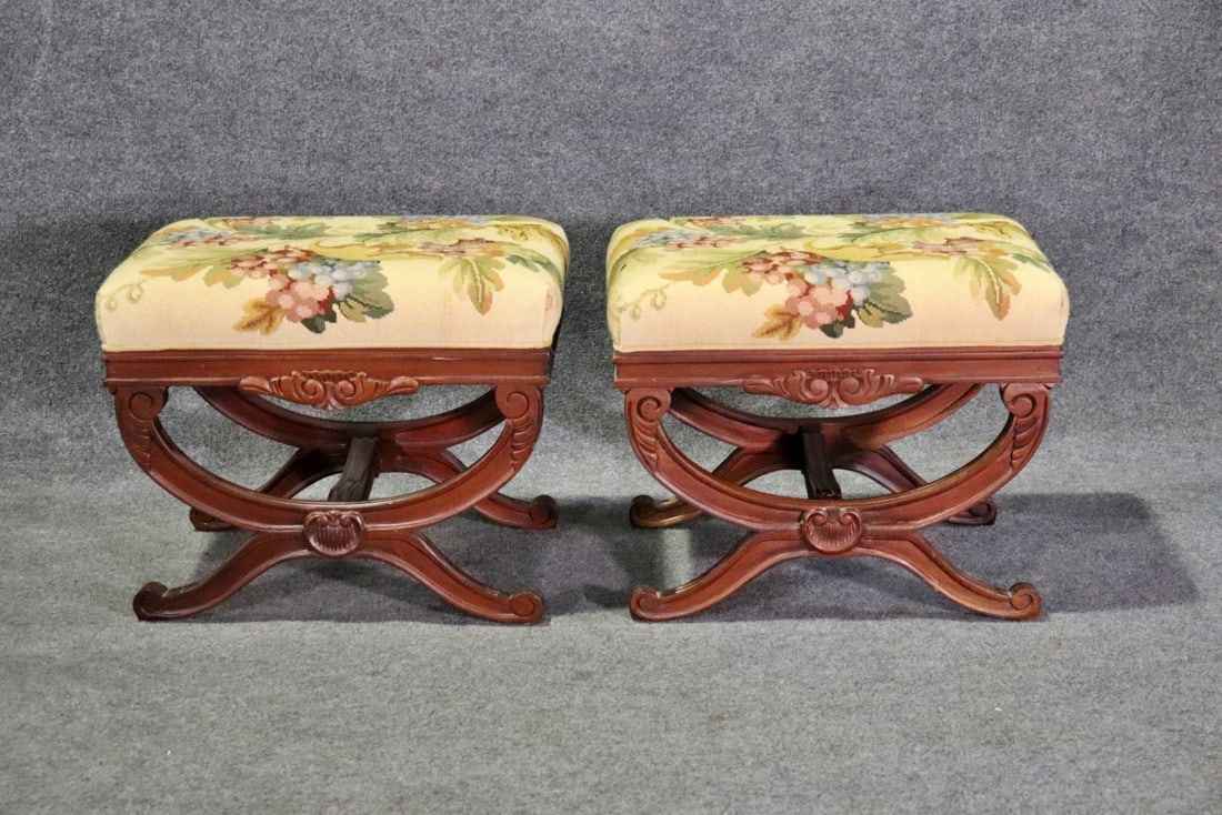 PAIR FRENCH LOUIS XV STYLE CERULE NEEDLEPOINT BENCHES (1 of 9)