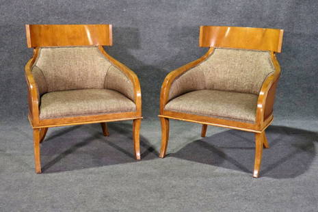 PAIR BURL WALNUT ART DECO STYLE CLUB CHAIRS: Burl walnut frame. Upholstered. Leather back. 38 1/4" h x 30 3/4" w x 34 1/2" d. Seat height 19".