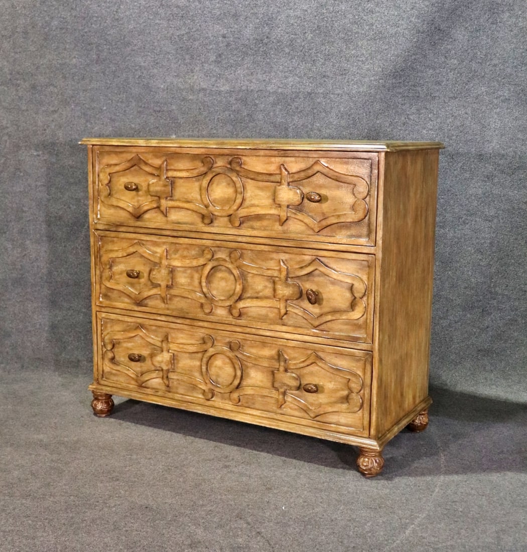 COUNTRY FRENCH 3 DRAWER DRESSER: Carved wood. 3 drawers. 42 1/8" h x 47 3/4" w x 22" d.