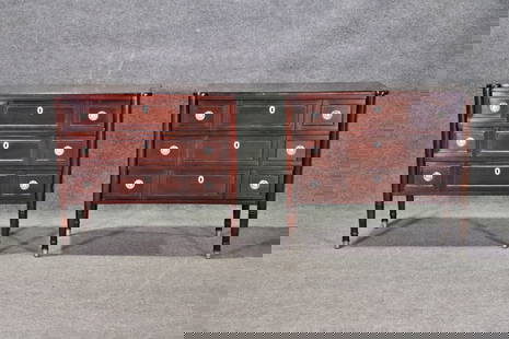 PAIR MILLING ROAD 3 DRAWER CHESTS: Wood. Metal hardware and foot caps. 3 drawers. 32 3/8" h x 35 7/8" w x 17 1/2" d.