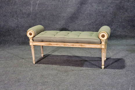 FRENCH CARVED CANE CURVED BENCH: Carved distressed wood frame. Cane seat. Upholstered cushion and arm rests. 23 3/4" h x 50" w x 16 1/4" d. Seat height 18 3/4".