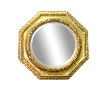 FRENCH GILT CARVED HANGING WALL MIRROR: Carved gilt frame. Beveled glass. 46 1/4" h x 46 1/2" w x 3" d.