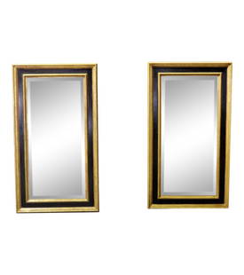 PAIR GILT ACCENTED HANGING WALL MIRRORS: Beveled glass. Gilt accents. Painted. 48 1/4" h x 27" w x 2 1/8" d.