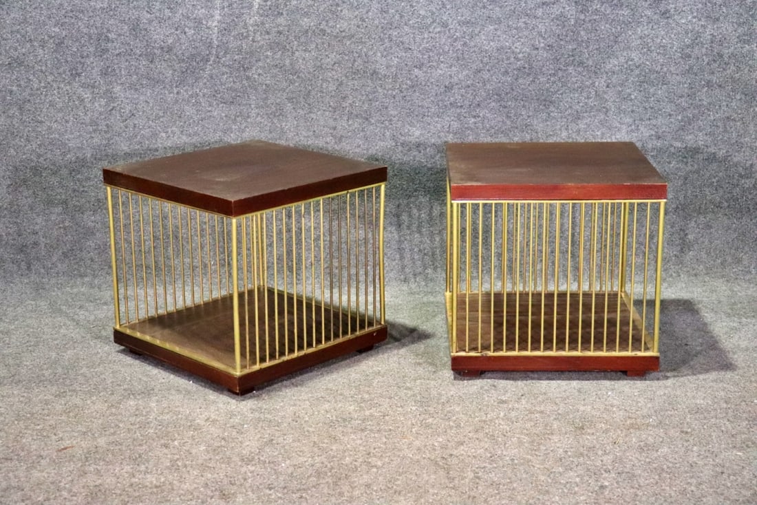 PAIR PAUL LOUIS MERGIER STYLE END TABLES: Wood. Brass. 19 1/2" h x 20" square.