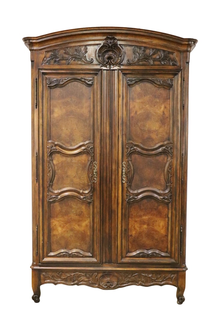 HENREDON MONUMENTAL COUNTRY FRENCH ARMOIRE: 2 burl doors containing 2 shelves. Fitted interior. 4 drawers. Carved. 103 3/4" h x 65" w x 26" d.