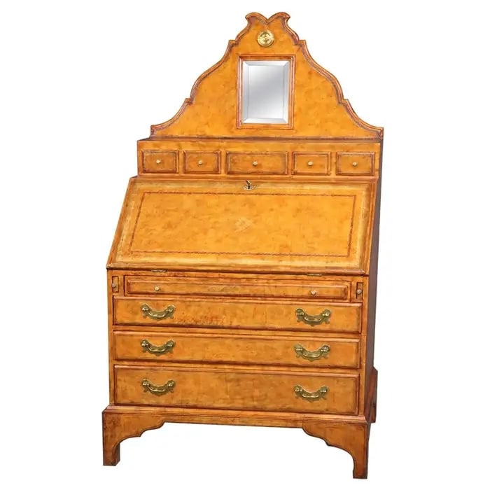 LINEAGE EMBOSSED GOLD TOOLED LEATHER WRAPPED SECRETARY DESK WITH MIRROR (1 of 11)