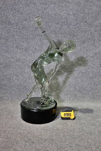 ARCHIMEDE SEGUSO MURANO GLASS SCULPTURE DISCUS THROWER: Signed underneath base. Murano glass. Black base. 24 5/8" h x 13 3/8" w x 9 3/8" d.