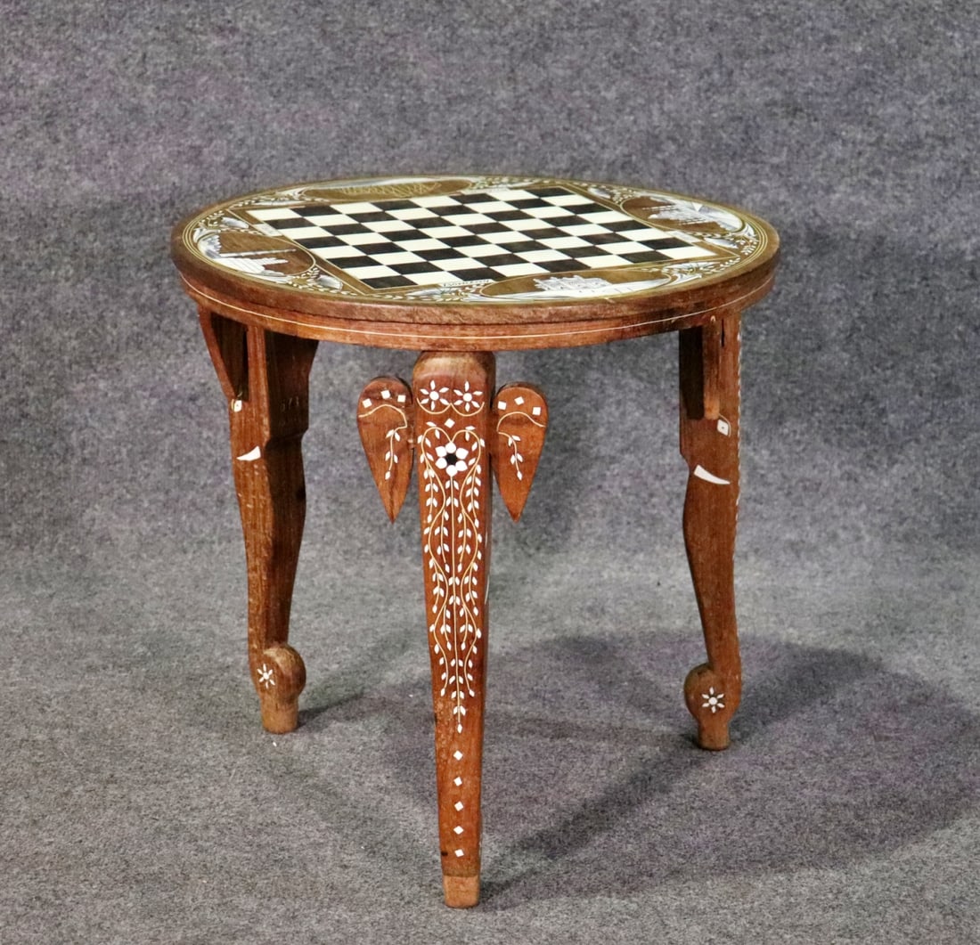 MOROCCAN CHECKERBOARD TOP END TABLE: Wood. Checkerboard top. Inlaid. 17 7/8" h x 18" diameter.