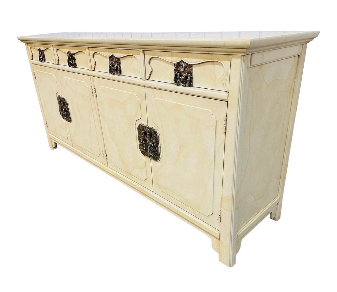 VINTAGE HENREDON IVORY LACQUERED SIDEBOARD: Ivory lacquered. 4 doors. 2 doors containing 1 shelf each. 4 drawers. Metal hardware. 34 1/2" h x 72" w x 19" d.