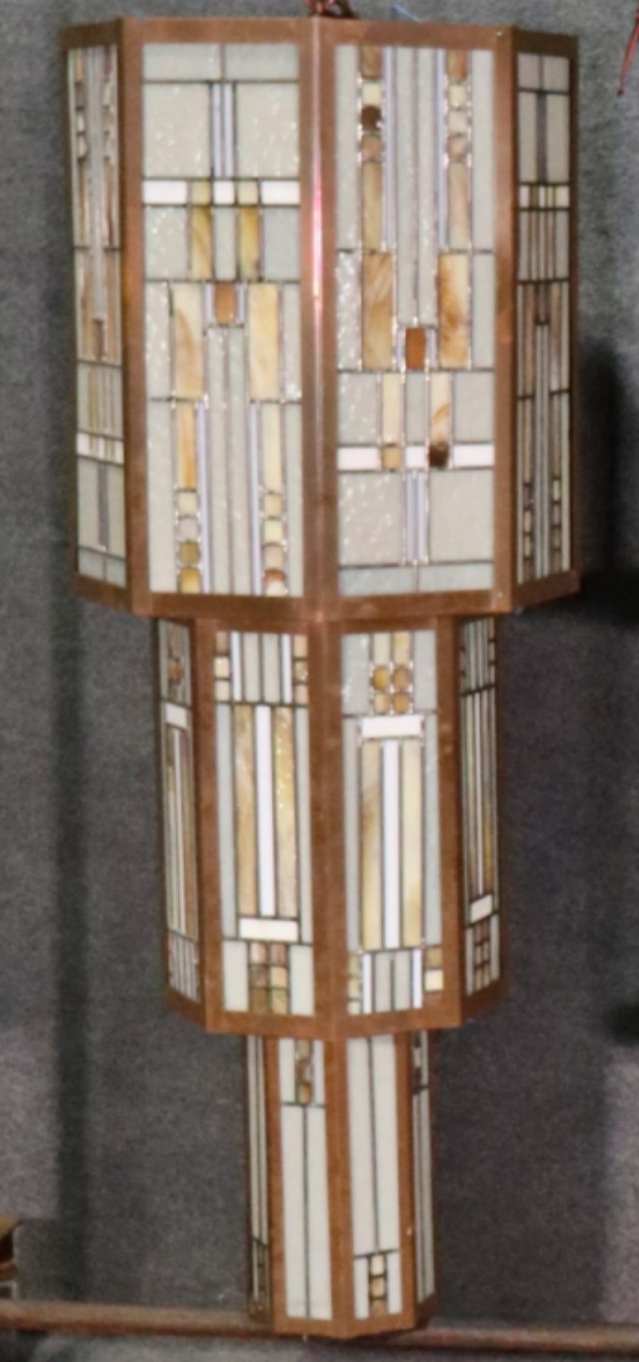 PAIR COPPER & LEADED GLASS HANGING CHANDELIERS (1 of 14)