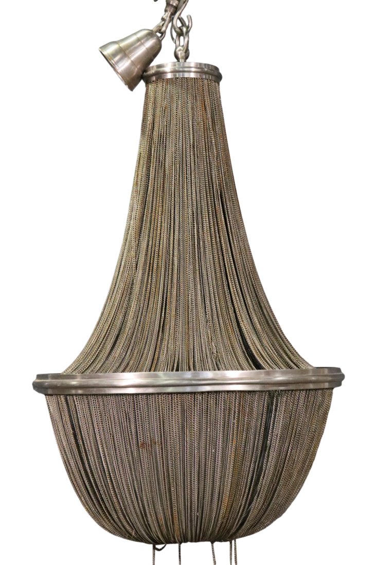 STAINLESS STEEL BALLROOM CHANDELIER: Drop chains. Metal. 50" h x 30" diameter.