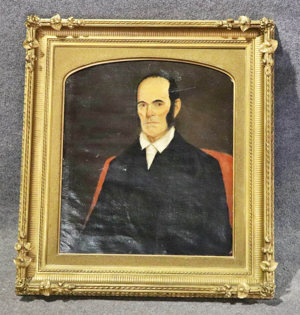 19TH C OIL ON CANVAS PORTRAIT OF A MAN CAPTAIN MOSES HALL: Oil on canvas.Carved gilt frame. Framed measures 38"h x 34 3/4" w x 3 3/8". Picture measures 27 1/2" h x 23 3/4" w.