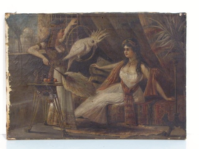 ANTIQUE OIL PAINTING of CLEOPATRA & CHARMIAN: Oil on canvas. Signed C. Ph. Weber. Handwritten verse from William W. Strong's poem Cleopatra on reverse. Fair condition. Paint losses, mostly to edges. Unframed. 14" x 20".