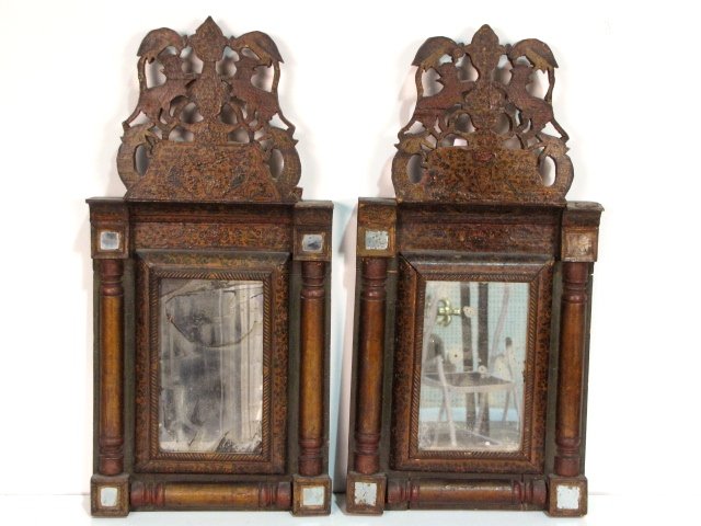 Pair SMALL HAND PAINTED PERSIAN MIRRORS: Paint decorated. 23 1/2" x 11 1/4". Good condition.