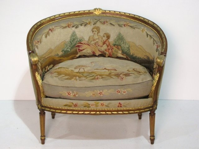 LOUIS XVI STYLE AUBUSSON CANAPE SOFA: Some damages to aubusson. 35"h. x 39 1/4"w. x 26"d.