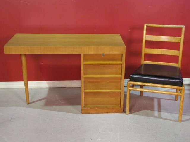 ROBSJOHN GIBBINGS for WIDDICOMB DESK & CHAIR: Very good condition. Lock installed in top drawer. 29"h. x 46"w. x 22"d.