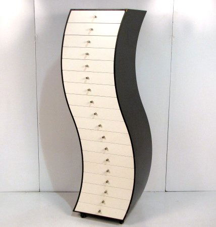 SHIRO KURAMATA for CAPPELLINI "SIDE 1" CHIFFONIER: Black-stained ash and white lacquer. Good condition with damage on upper corner. 67"h. x 23"w. x 20"d.