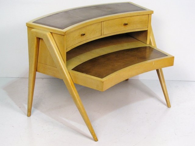 MODERN DESIGN LEATHERTOP STEP TABLE: Some marks on leather. Good condition. 26"h. x 38 1/2"w. x x 25 1/2".