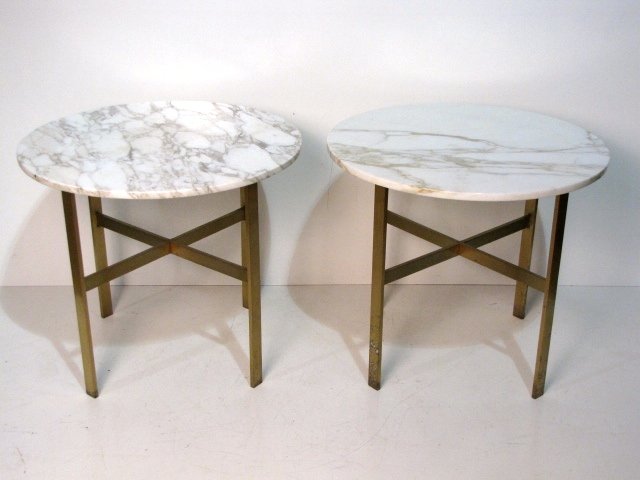 Pair MARBLETOP BRONZE ROUND SIDE TABLES: Good condition. Some pitting on finish. Some small chips on marble edges. 26"h. x 30 1/8" diameter.