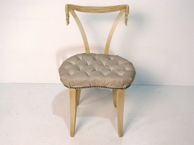 GROSFELD HOUSE CARVED DRAPE BACK CHAIR: Cream painted. Good condition. 33 1/2"h. x 21 1/2"w. x 20 1/2"d.