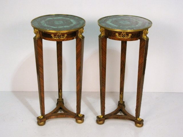 PairFRENCH EMPIRE STYLE GUERIDONS w/ MALACHITE: Bronze mounts. Very good condition. 34"h. x 16 1/4" diameter.