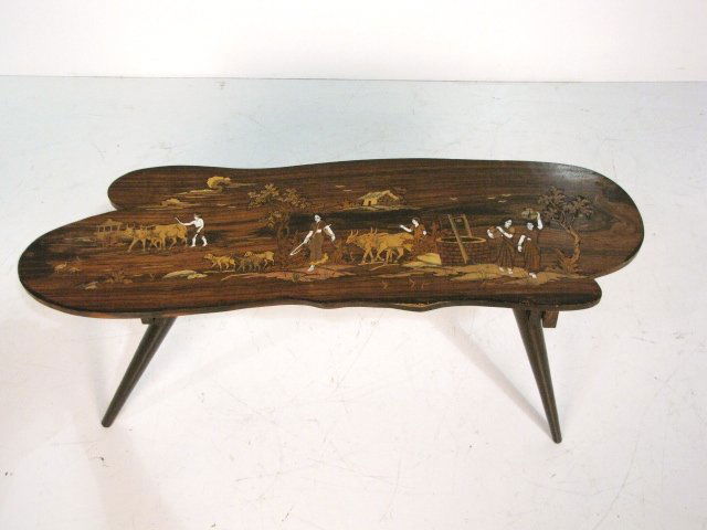 ASIAN INLAID TEAK WOOD TABLE: Very good condition. 13 1/2"h. x 31"w. x 9 1/2"d.
