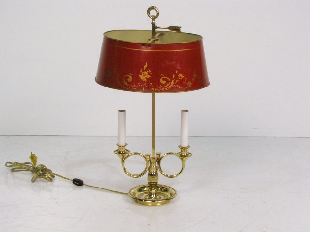 BRASS BOUILLOTTE LAMP w/ TOLE SHADE: Very good condition. 22" high.