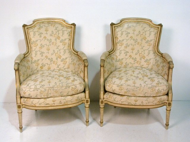 Pair JANSEN LOUIS XVI STYLE PAINTED & GILT BERGERES: Cream painted and gilt. Very good condition. 37"h. x 26"w. x 26"d.