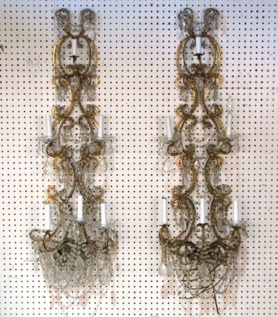 Pair 48" BEADED CRYSTAL & GILT METAL SCONCES: Good condition with some loose and missing prisms. Missing 5 bobeches. Needs cleaning.