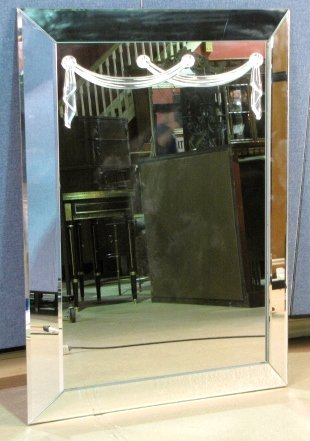 45"x 33" MIRROR w/ LUCITE SWAG att. GROSFELD HOUSE: Very good condition. 45 1/2"h. x 33 1/4"w. Part of a collection of mirrored furniture from a Long Island estate.
