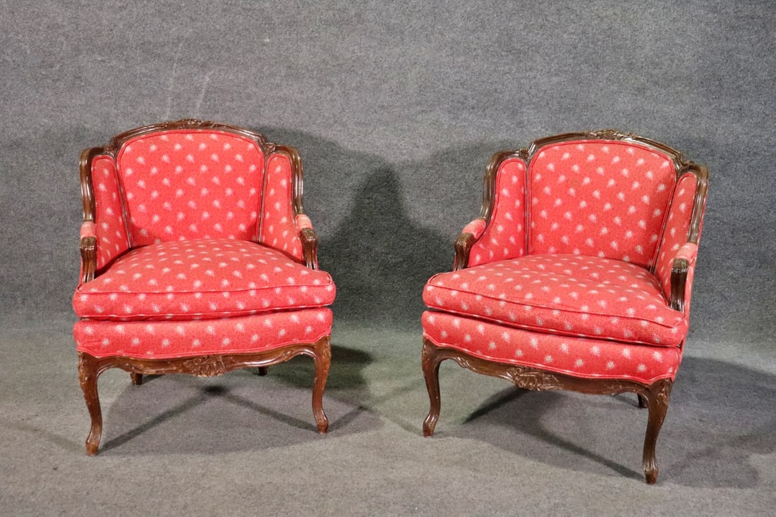 PAIR CARVED WALNUT FRENCH LOUIS XV STYLE BERGERES (1 of 17)