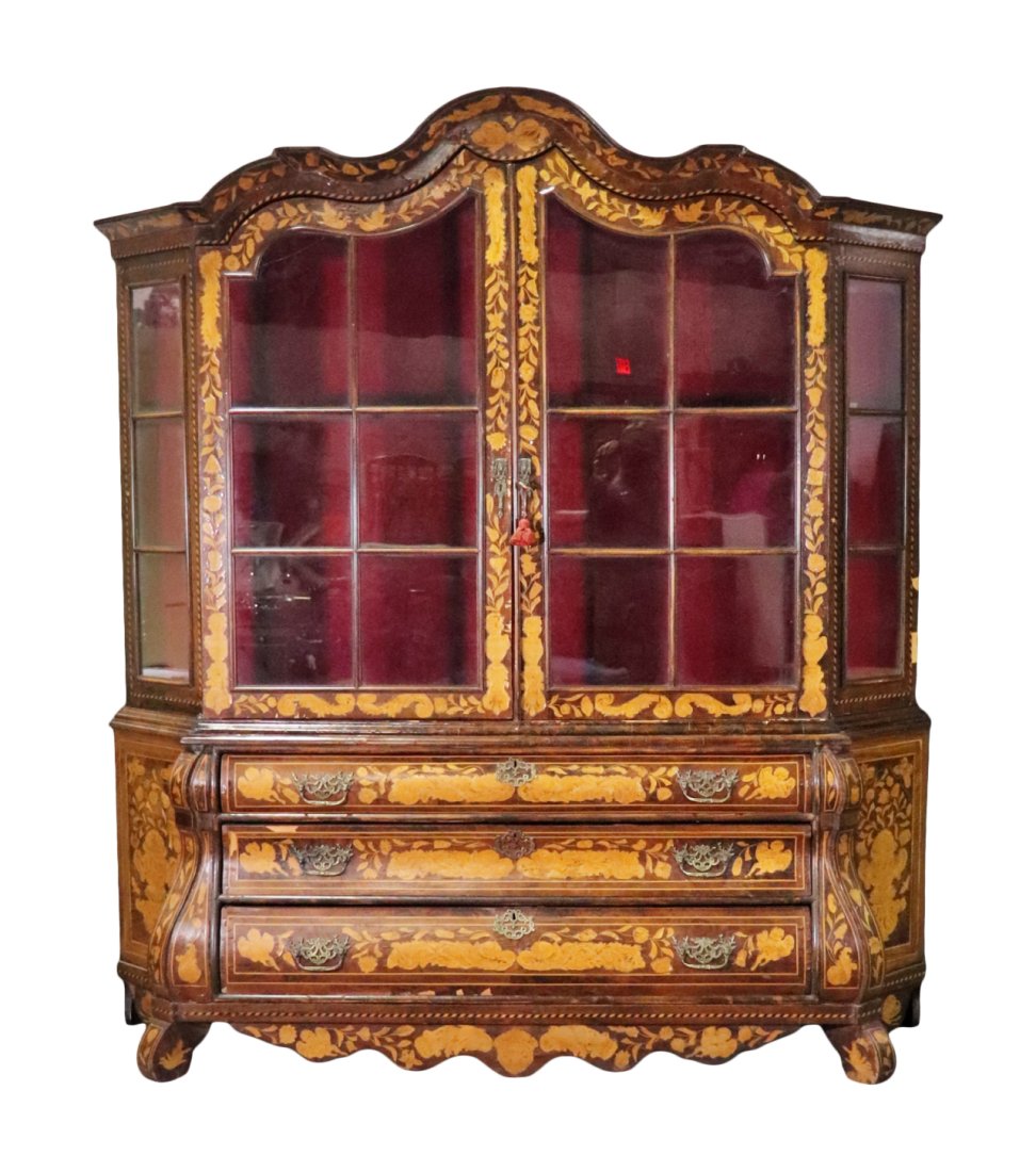 2 PIECE DUTCH MARQUETRY BREAKFRONT: 2 piece. Top has 2 glass doors containing 2 shelves. 3 drawers on bottom. Metal hardware. 87 3/4" h x 80" w x 19 3/4" d.