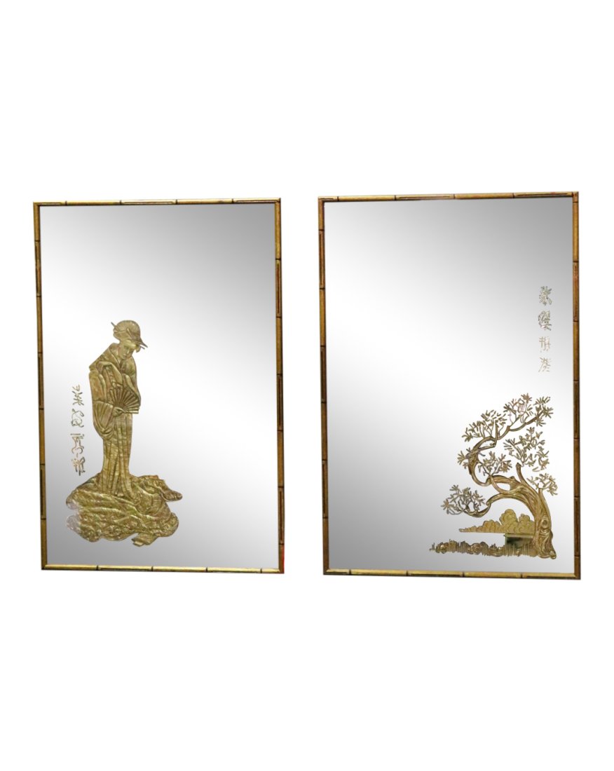 PAIR FAUX BAMBOO ASIAN INSPIRED MIRROS: Faux bamboo frames. 37" h x 25" w x 3/4" d.