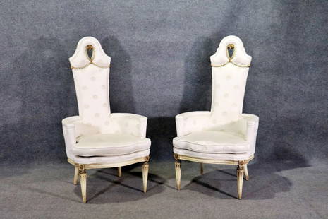 PAIR DESIGNER CHAIRS ATTRIBUTED GROSFELD HOUSE: Distressed painted frame. Upholstered. 52" h x 28" w x 30 1/2" d. Seat height 18 3/4".