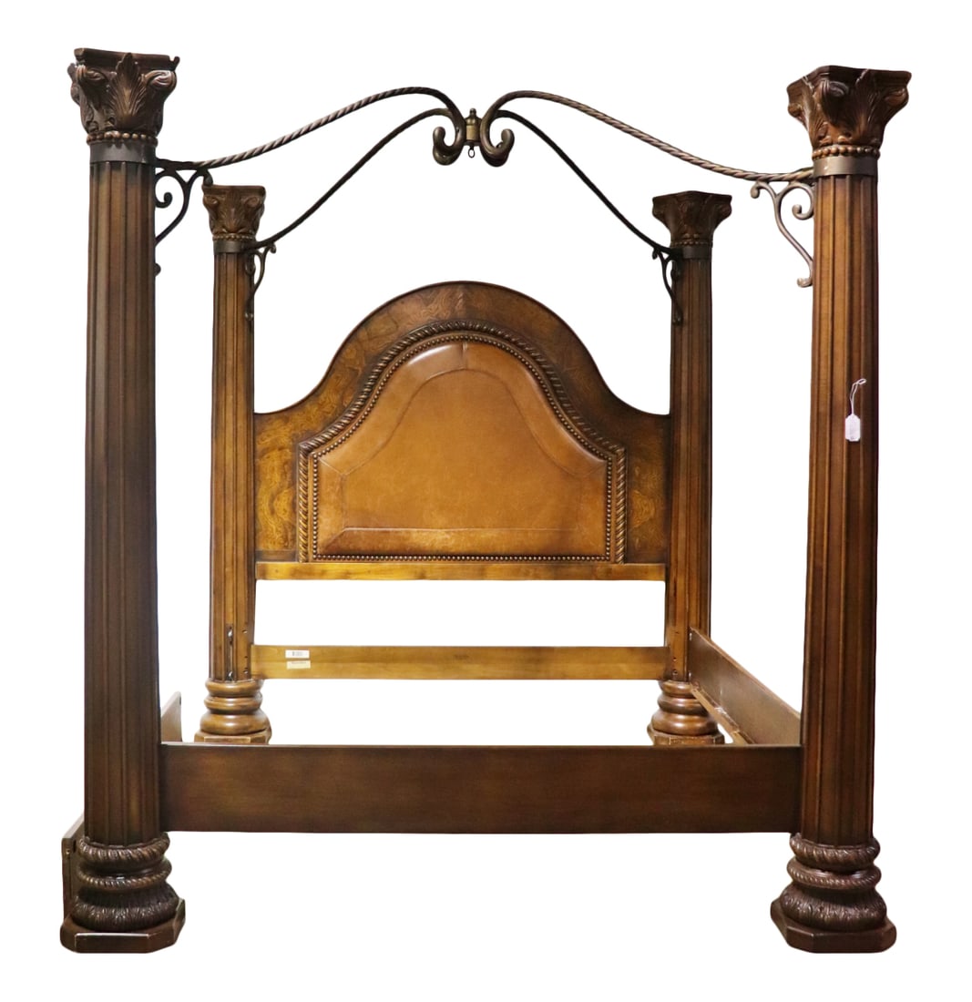 HENREDON QUEEN SIZE BED: Carved wood. Leather insert. Overall with canopy 102 1/2" h x 92 1/2" w x 100" d.