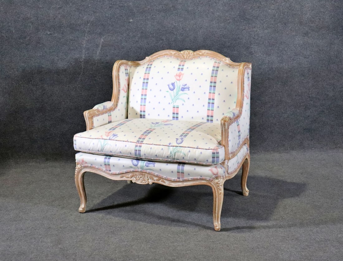 CENTURY DISTRESSED LOUIS XV STYLE MARQUIS: Carved distressed frame. Upholstered. 36 1/4" h x 36 1/2" w x 32 1/4" d. Seat height 20 1/4".