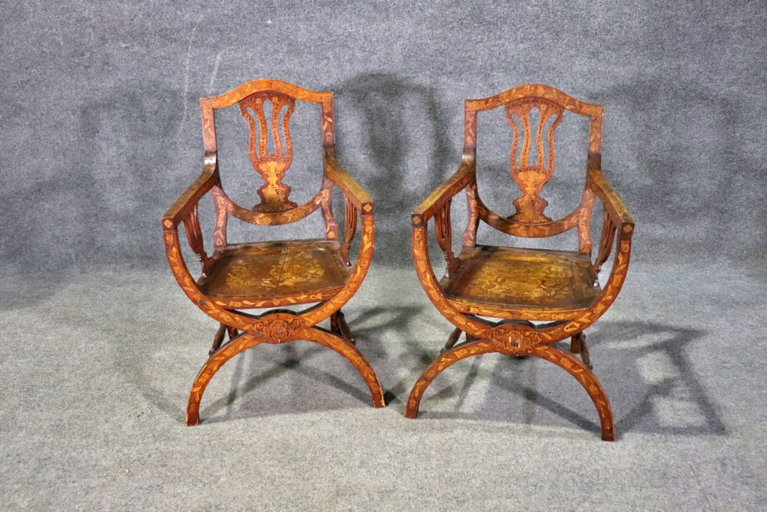 PAIR DUTCH MARQUETRY SAVONAROLA ARM CHAIRS (1 of 14)
