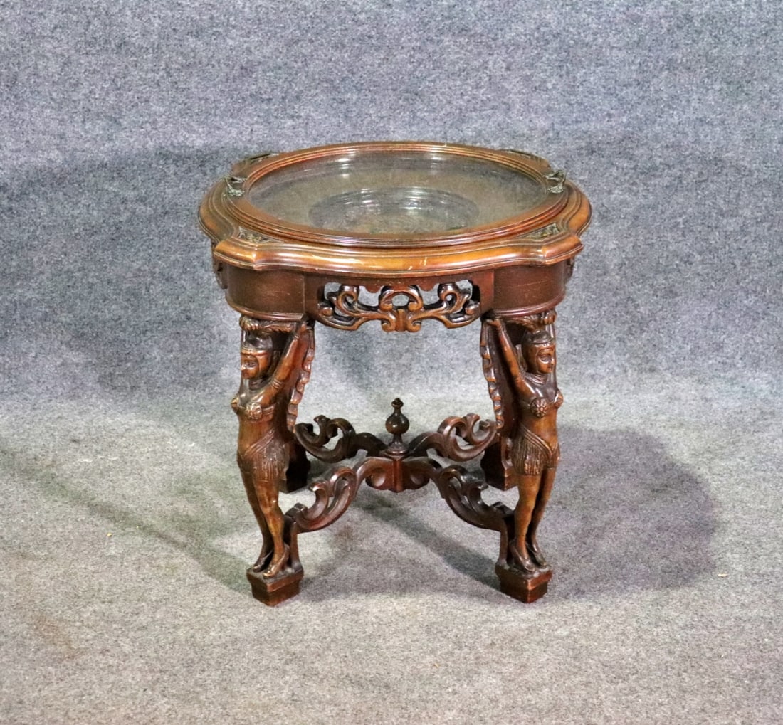 FIGURAL CARVED WALNUT GLASS TRAY TOP TABLE (1 of 7)