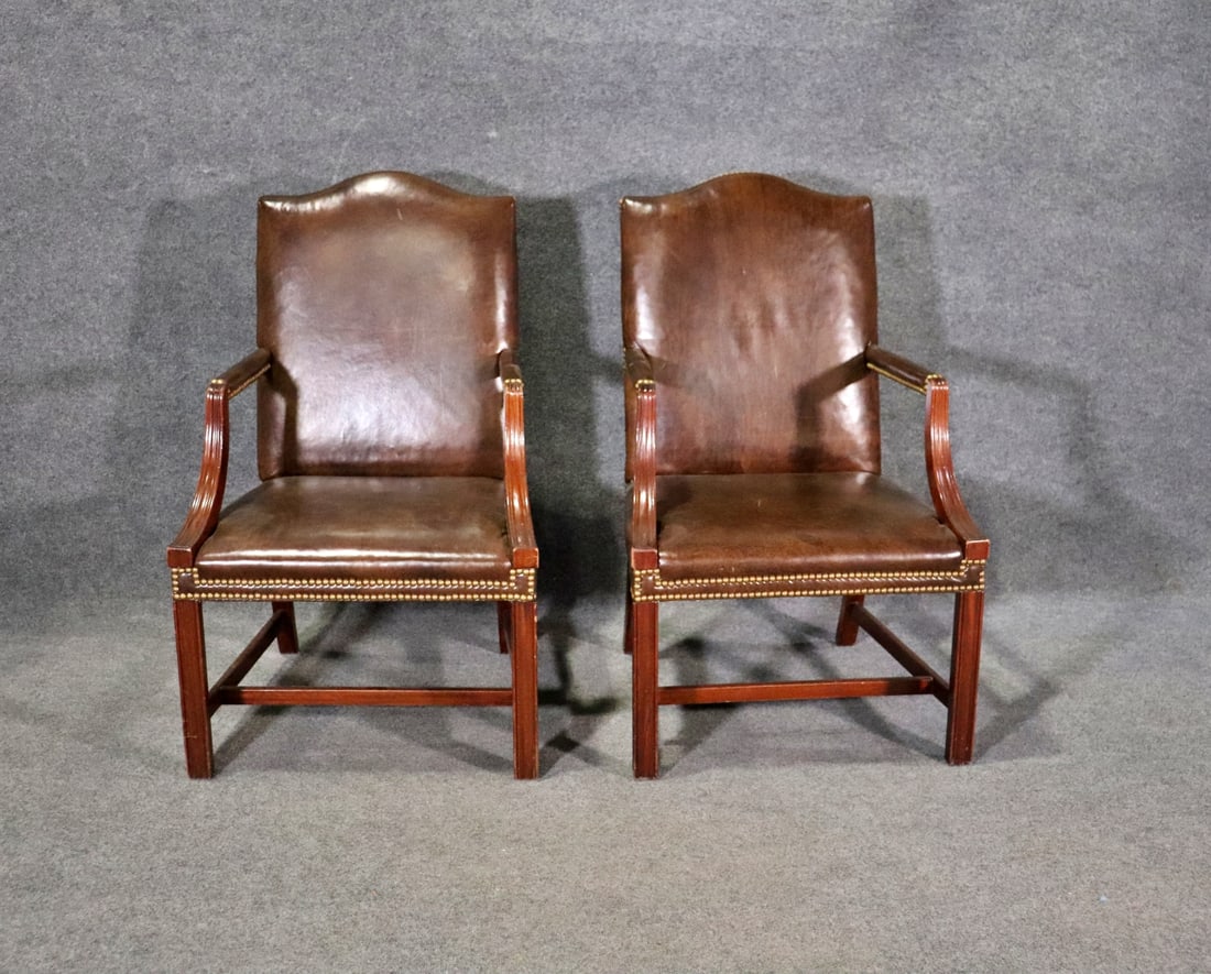 PAIR HICKORY CHAIR LEATHER LOLLING CHAIRS (1 of 12)