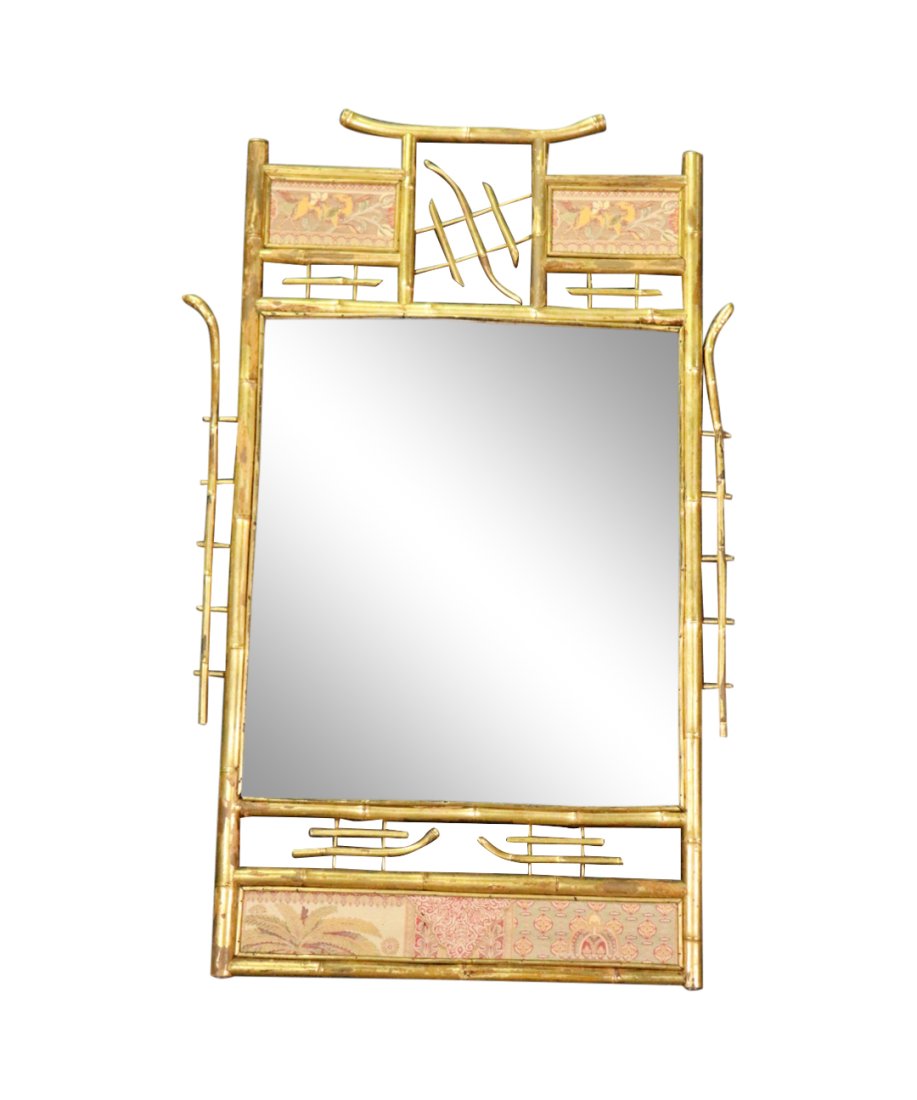 GILDED BAMBOO TAPESTRY PANELED WALL MIRROR (1 of 13)