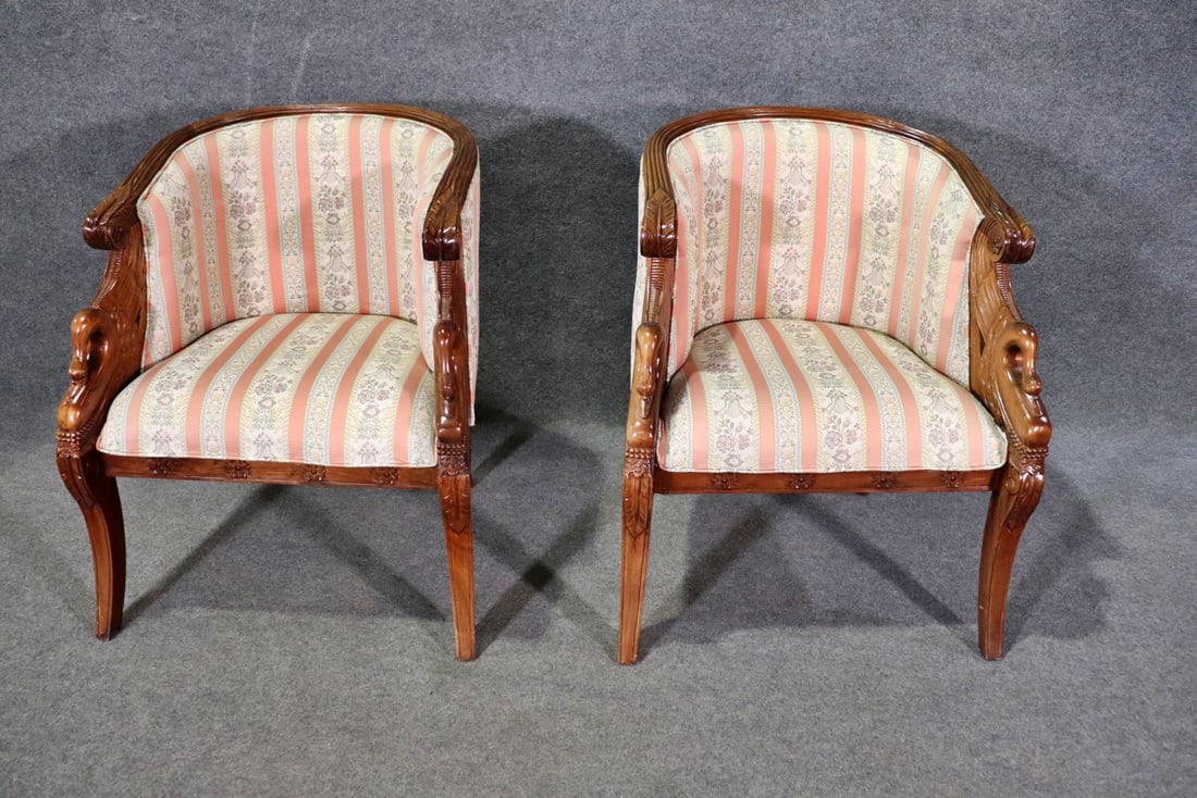 PAIR FRENCH SWAN FIGURAL LOUNGE CHAIRS: Swan figural carved frames. Upholstered. 33 1/4" h x 28 1/8" w x 26 7/8" d. Seat height 18 1/4".