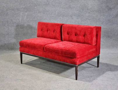 HOLLYWOOD REGENCY STYLE SETTEE: Wood frame. Upholstered. 30 3/8" h x 53" w x 30 1/4" d. Seat height 18 1/2".