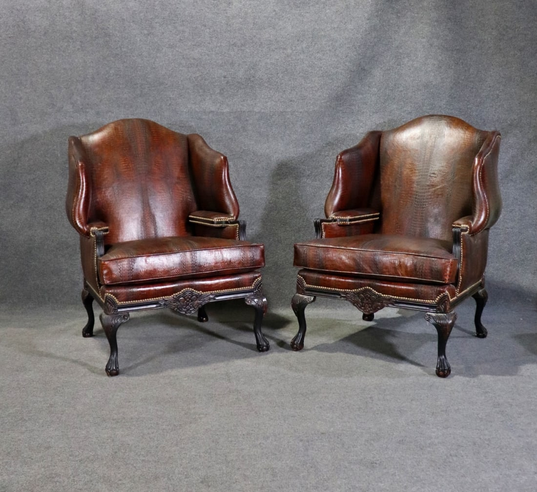 PAIR GEORGIAN STYLE LEATHER WING BACK CHAIRS ATTRIBUTED OLD HICKORY (1 of 15)